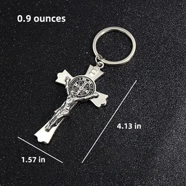 JINZHOUFZ St. Benedict's ancient silver cross keychain pendant ornament, religious Catholic memorial gift. (silver)