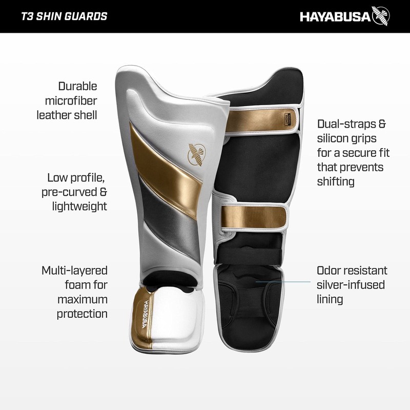 Hayabusa T3 Striking Shinguards - White/Gold, Medium