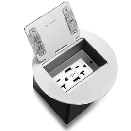 Kanayu Silver Recessed Floor Outlet, 3.98"x 3.66" x 3.15" 1-Gang, Receptacles Duplex with 4.8A USB Chargers 20A TR Device and Waterproof Adjustable Steel Box, Round Electrical Outlet Kit, Etl Listed