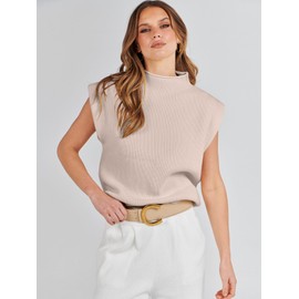 ANRABESS Women's Mock Neck Sleeveless Sweater Vest Casual Cap Sleeve Knit Pullover Tank Tops 2025 Fall Clothes Apricot-M