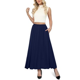 Yincro Womens Maxi Skirt Casual Flowy Elastic High Waist Long Skirts with Pockets (Navy Blue, 2XL)