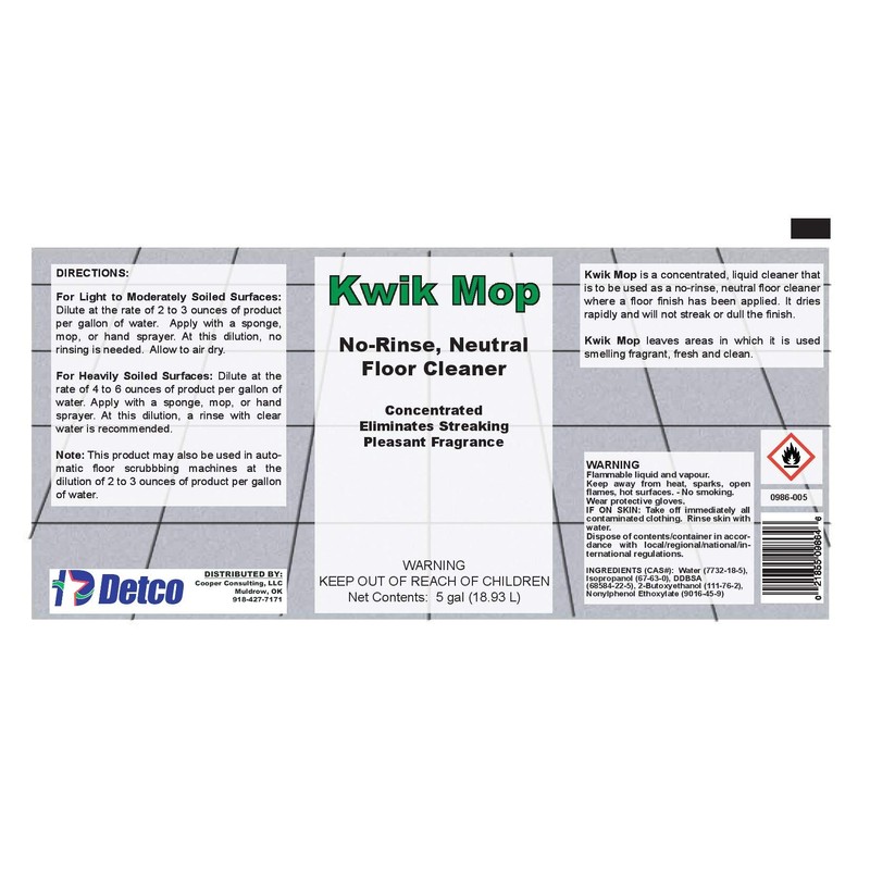 Detco Kwik Mop Concentrated, Fast-Drying, No-Rinse, Neutral Floor Cleaner, Takes