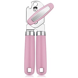 Rainspire Can Opener Manual Handheld Strong Manual Can Opener Smooth Edge Cut, Can Opener Heavy Duty, Comfortable Soft Handle, Built-in Bottle Opener, Pink