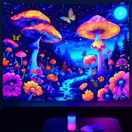 SparkLia Fantasy Wonderland Mushroom Tapestry Neon Butterfly Glowing Flower Wall Hanging for Bedroom, Living Room & Dorm Decor - 51.2" x 59.1"