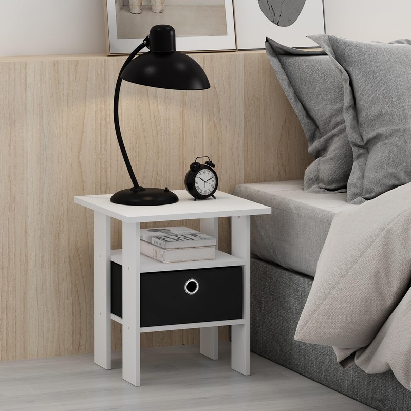 Furinno Andrey End Table Nightstand with Bin Drawer, White/Black
