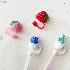Lemonadeus Silicone 4PCS Straw Tips Cover Reusable Drinking Straw Tips Lids/Plugs Anti-dust, Airtight Seal Splash Proof - for 6-8mm Straws (Cactus Strawberry)