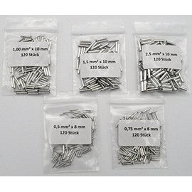 Wire End Ferrules Set Assortment Uninsulated Blank 0.5/0.75/1.0/1.5/2.5 mm² 600 Pieces Resealable