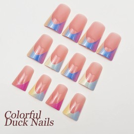 BABALAL 48Pcs Duck Nails press on & Press on Toenails Matching Set Glossy Glue on Nails Colorful Rainbow French Tip Fake Nails Acrylic Nails Kit Summer False Toe Nails with Design