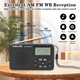 Snokauwa AM FM Radio, Portable Emergency Weather NOAA Radio, Small Digital Radio with Dual Mode Storage, Digital Tuner, Sleep Timer, Wall Plug and Battery Powered (Black)