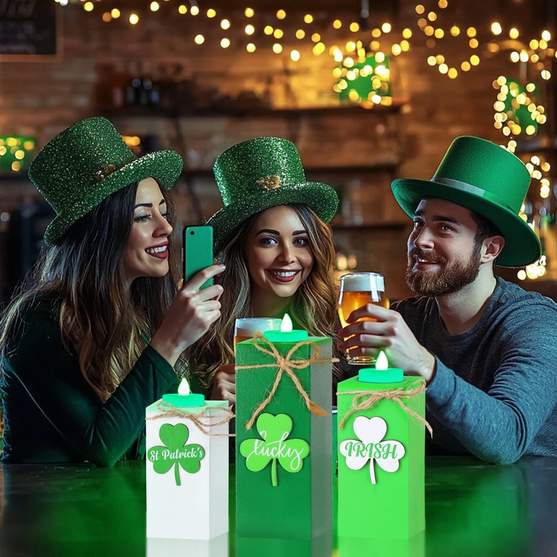 3 Pack St. Patrick's Day Tea Light Candles Wooden Clover