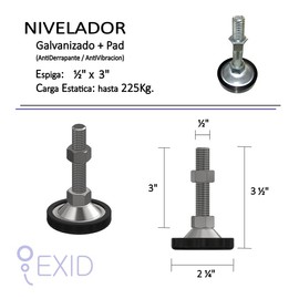Genérico Niveladores Industriales 1/2" x 3" Uso rudo Acero Galvanizado (4 Unidades), Pata de Tornillo Niveladora, Pie Nivelador para Mueble. con Pad A