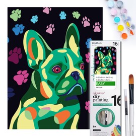 COLORDEMY 2-in-1 Paint by Numbers Kit - Rolled Canvases (20x25cm & 20x20cm), 16 Colours, Brushes & Paints Included - Fun for Adults & Kids, Perfect for Parties or Group Painting (French Bulldog Design)