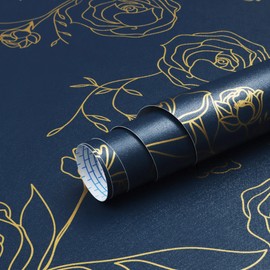 Safiyya 78.7"x17.3" Peel and Stick Wallpaper Gold and Blue Contact Paper Floral Wallpaper Self Adhesive Removable Wallpaper for Bedroom Covering Vinyl Rolls