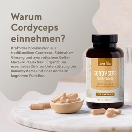 Cordyceps Capsules High Dose 4000 mg Cordyceps per Daily Dose 4:1 Extract Mushrooms with Zinc, Maca and Ginseng for Focus and Immune System Laboratory Tested and Vegan Pack of 120 Alpha Foods