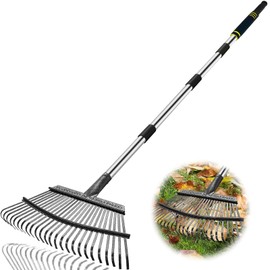 Coopvivi Rake Heavy Duty 6FT Long Garden Rake , 18.5 Inch Wide, 25 Metal Tines, Adjustable Stainless Steel Handle, Leaf Rakes for Leaves, Yards, Grass, Garbage, Weeds, Debris (Black)