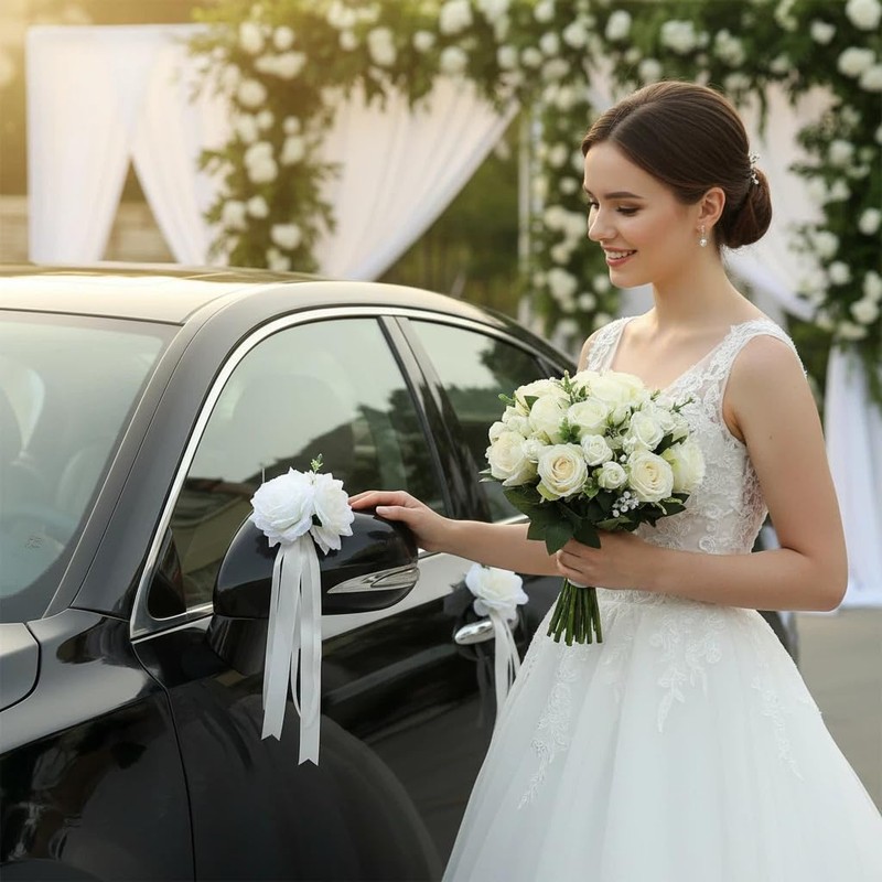 Handmade 4 White Dual-Head Wedding Car Decorations – Artifical Flowers,Floral