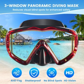 2 Pack Snorkel Mask for Adults - 180° Panoramic View, Anti-Fog Shatterproof PC Lens, Dry Snorkel Set for Diving, Swimming & Travel (Black+Red)