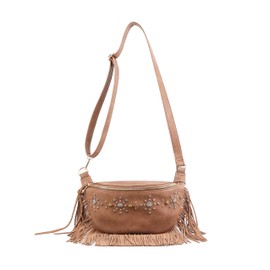 Jessica Simpson Calypso Belt Bag, Stylish Crossbody Purse with Adjustable Strap & Pockets, Almond Brown W/Suede Fringe