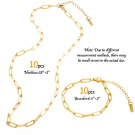 HUISUYTON 20Pack 4mm 18K Gold Plated Rectangle Paperclip Link Chain Necklace Bracelet Set for Women Adjustable Stainless Steel Dainty Charms Necklaces and Bracelets for Gifts Jewelry