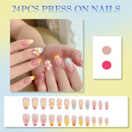 24PCS Elegant Peach Wave Bloom Press on Nails with 3D Floral French Tip Design, medium Almond Shape, Includes Accessory Tools for Effortless Application, Reusable Fake Nails