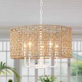 Rattan Chandelier 5-Light Farmhouse Boho Pendant Light Fixture for Dining Room Brown and White Woven Chandeliers for Ceiling Light,Bedroom,Living Room,Foyer,Kitchen Island,Coastal,Stairway,Hallway