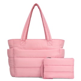 TOPDesign Puffer Tote Bag for Women, Lightweight Puffy Handbag with Compartments & Cosmetic Bag, Quilted Shoulder Bags for Work, Travel, Gym, Gifting (M Hot Pink)