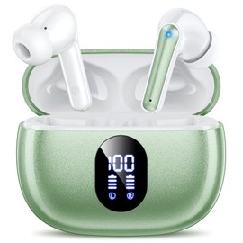 ZZU Auriculares inalámbricos, auriculares Bluetooth con sonido estéreo de graves grandes, 48 horas de reproducción, auriculares ligeros de ajuste en la oreja, IPX7, llamadas manos libres con IA para