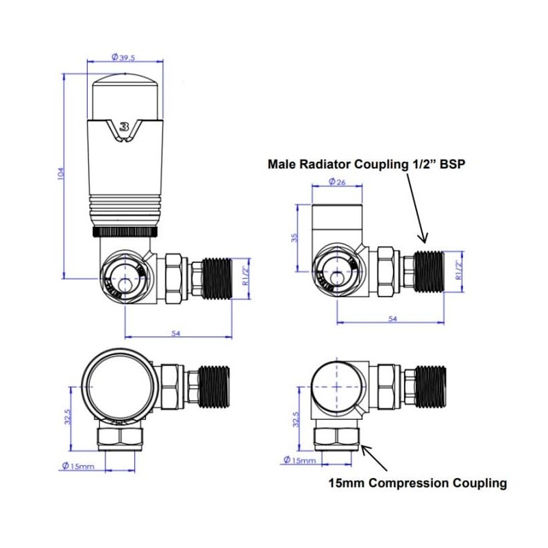 Thermostatic Radiator Valve Corner TRV – Style (Chrome & White