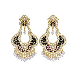 Crunchy Fashion Bollywood Jewelry Traditional Ethnic Bridal Bride Wedding Gold Plated Indian Designer Kundan Studded Maroon-Green Floral Meenakari Chaandbali Earrings For Women