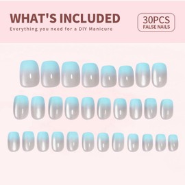 Blue Gradient Soft Gel Press on Nails Cats Eye Short Square Shaped False Nails Glitter Designs Full Cover Luxurious Thickened Stick on Nails Sparkly Acrylic Nails for Women Nails Manicure