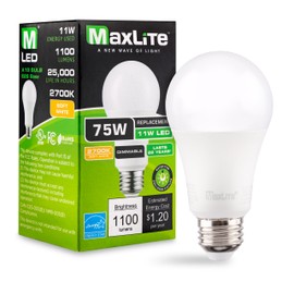 MaxLite E11A19DLED27/G8 11W LED A19 Bulb, White Finish, LED Light Bulb Dimmable, Single Pack - for All Light Fixture, 2700K, Warm White Light, 1100 Lumens