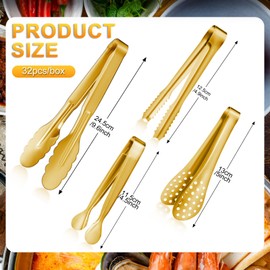 Mumufy 32 Pcs Mini Serving Tongs Buffet Serving Utensils Stainless Steel Small Tongs Catering Kitchen Tongs for Appetizer Tea Party Coffee Bar Food Ice Salad Barbecue Cookies Sugar, 4 Styles (Gold)