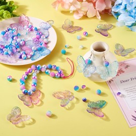 Boutigem 100Pcs Acrylic Assorted Beads Set Butterfly Plastic Beads Round Pearl Beads Bubblegum Beads Blue Purple Series Crafts 7.5-31mm for DIY Bracelet Hang Accessory Making