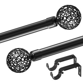 Long Curtain rods 66 to 110 inch Easy Install, Adjustable Splicing Curtain Rods for Windows Treatment, 1" Diameter Heavy Duty Metal Drapery Rod Set, Ball Cage Finials, Black