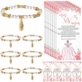 Wenqik 25 Sets Quinceanera Party Gifts Include 25 Crystal Lady Guadalupe Rosary Bracelet with Thank You Card and Organza Bag Mis Xv Años Birthday Sweet Party Souvenir for Guests(Golden)