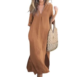utcoco Womens Cotton Linen Maxi Dresses Casual Loose Fit V Neck 3/4 Sleeve Side Slit A Line Linen Long Dress (X-Large, Khaki)
