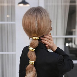 Oneasmot 3PCS Gold Hair Ties with Metal Piece Set, Non-Damage & Anti-Slip Women's Cuffs for Thick/Thin Hair, Styling Stretchy Ponytail Holders