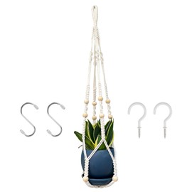 RIFNY Macrame Plant Hanger Indoor, 35 Inch Hanging Plant Holder with Hooks, Large Boho Hanging Basket Plant Hanger for Wall Window Ceiling Plants Decor (White, 1PC)