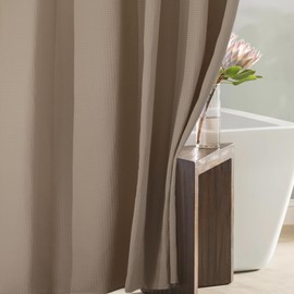 Taupe Tan Extra Long Shower Curtain: 84 Inch Long Beige Khaki Waffle Weave Heavy Duty Fabric Shower Curtains for Bathroom - 256 GSM Water Repellent Washable Thick Polyester Cloth Bath Curtain - 72x84