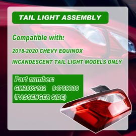Lochnchn Tail Light Assembly Compatible with Chevy Equinox 2018 2019 2020 Left Driver Side Taillight Rear Outer Tail Lamp Replace 84769835 Halogen Type NON-LED