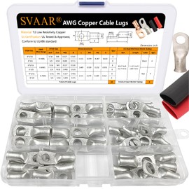 SVAAR 4 6 8 AWG Battery Cable Lug kit 56pcs Tinned Copper Battery Lugs Heavy Duty Wire Lugs with 5/16" or 3/8" Stud Battery Cable Closed End Tubular Ring Terminals Connectors with Heat Shrink Tubing.