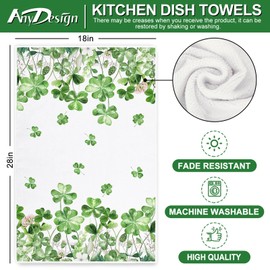 AnyDesign St. Patrick's Day Kitchen Towel Watercolor Green Shamrock Dish Towel 18 x 28 Inch Lucky Clover Hand Drying Tea Towel for Irish Holiday Cooking Baking Cleaning, Set of 2