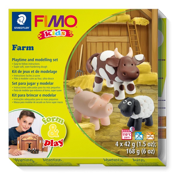 STAEDTLER 8034 01 LZ FIMO Kids Form&Play Playtime & Modelling Polymer Clay Set - "Farm" (Pack of 4 Blocks, Stickers, Modelling Tools & Background Scene)