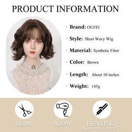 OUFEI Dark Brown Short Wavy Bob Wigs for Women with Bangs Natural Curly Synthetic Hair Heat Resistant Wigs for Daily Party Cosplay Wear