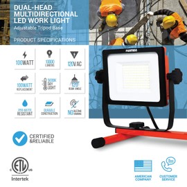 PARMIDA LED Dual-Head Work Light with 6ft Adjustable Tripod Stand, 10,000 Lumen, 100W, Durable Aluminum Body, IP65 Waterproof, Foldable Stand, Multi-Directional & Detachable Heads, ETL-Listed