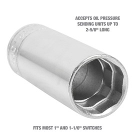 OEMTOOLS 25254 Oil Pressure Switch Socket, 1/2" Drive, Fits 1" and 1-1/16" Oil Pressure Switches, Accepts Oil Pressure Sending Units Up to 2-5/8" Long