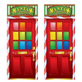 Beistle Santa's Workshop Door Covers, 2-Count, Christmas Holiday Decoration, Indoor and Outdoor Use, Festive Red North Pole Entryway Banner, Santa's House Party Prop, 6’ x 30”