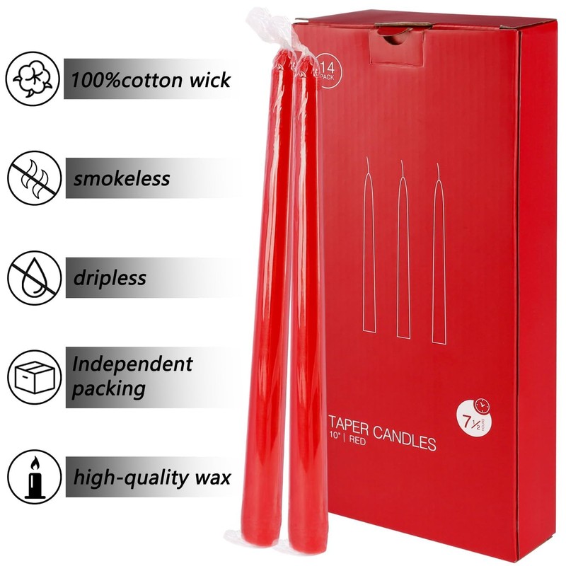 14 Pack Glowing Red Tapers Candles- 10-Inch unscented Candles for