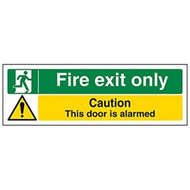 VSafety Fire Exit Only/Door Alarmed Sign - Landscape - 300mm x 100mm - 1mm Rigid Plastic