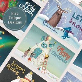 Rileys & Co 50 Assorted Christmas Cards Boxed With Envelopes, 5 Glittery Designs with Holiday Messages and Season's Greetings, Thick Folded Paper and Bright Cheerful Prints, 4 x 6 Inches, Xmas Stocking Stuffers, Merry Chrstimas, Holiday Cards
